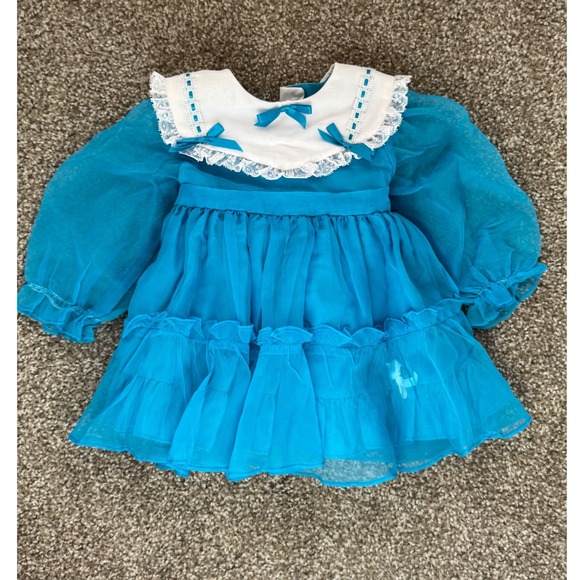 Vtg Fluffy Shy Girls Dress Party Ruffle Bows‎ Turquoise White T2 y2 - Picture 1 of 6